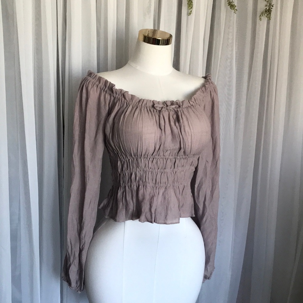 Semi Sheer Lavender Off-Shoulder Ruffle Trim Long Sleeve Top